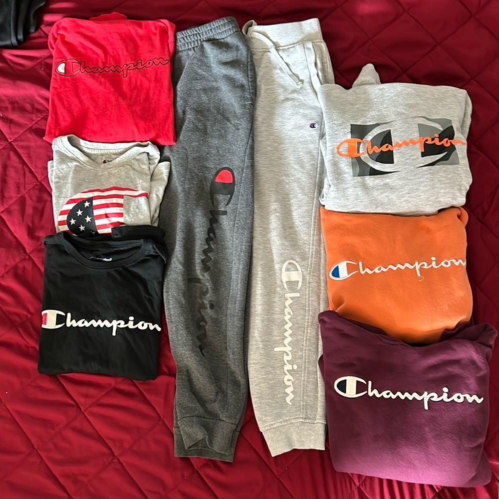 Youth large 3 hoodies, 2 sweatpants, 1 long sleeve with hood, 3 short sleeve.